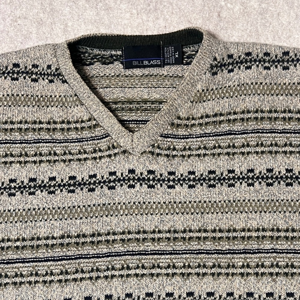 Vintage 90s Bill Blass V-Neck Grandpa Sweater Size Mens XL Grey Fair Isle - Picture 3 of 7